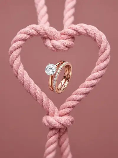 Rose gold engagement rings suspended in a heart-shaped cord