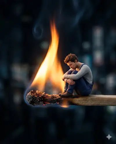 Cinematic Macro Photo of a Man on a Burnt Matchstick