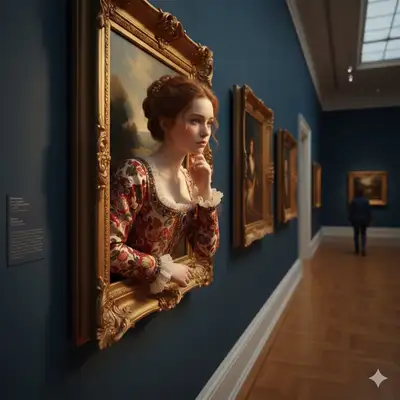 Surreal portrait of a woman emerging from a golden picture frame