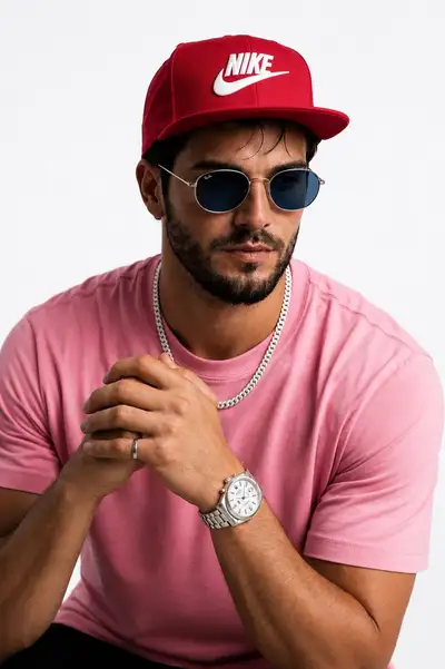 Ultra-realistic studio portrait with outfit and accessory swap