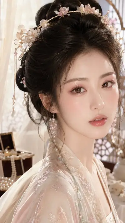 Retrato en primer plano de una dama noble china con maquillaje brillante
