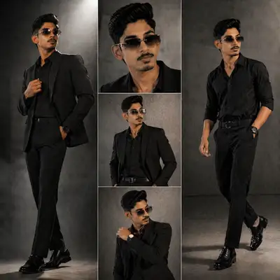 Three-panel black suit fashion editorial composite