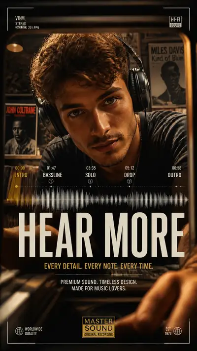 Hear More record store headphones poster