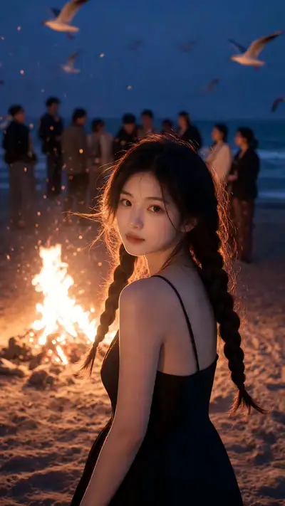 Blue-Hour Beach Bonfire Portrait