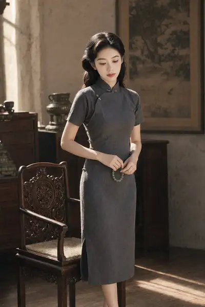 Retrato vintage com qipao em uma antiga casa chinesa