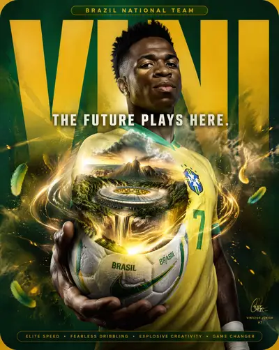 Surreal sports poster of a footballer with a glowing football universe