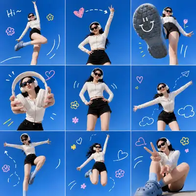 3x3 美学照片拼贴：户外跳跃的女性，带有手绘涂鸦