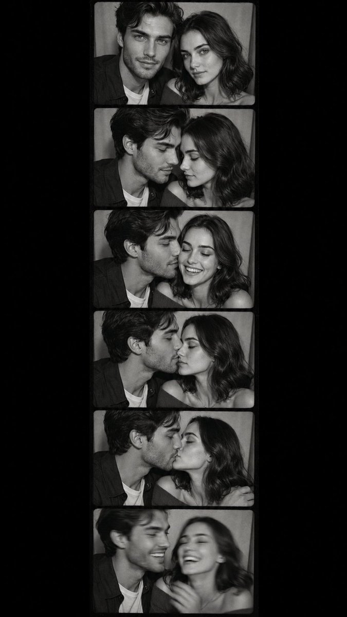 Black and white romantic couple photo booth strip, six frames