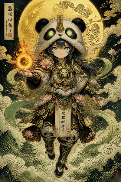 Anime child deity in ornate panda armor floating under a full moon