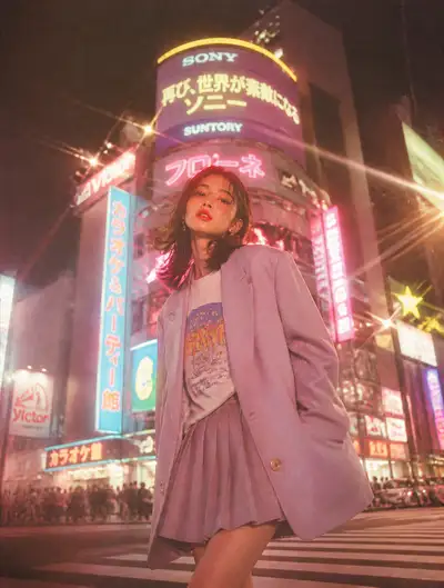 Dreamy Neon Portrait at a Tokyo Pedestrian Crossing