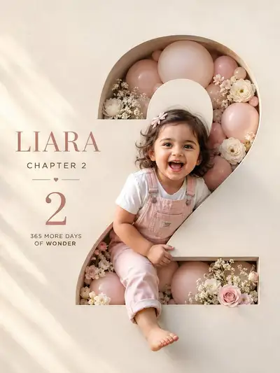Minimal luxury birthday poster with carved number and child