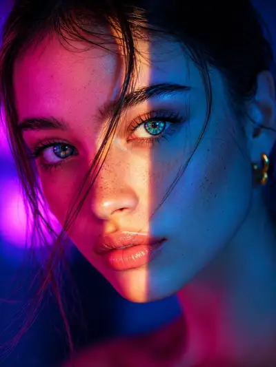 Retrato de campaña de belleza con luz neón dividida