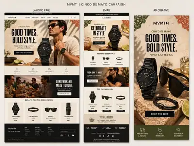 MVMT Cinco de Mayo campaign board with landing page, email and ad