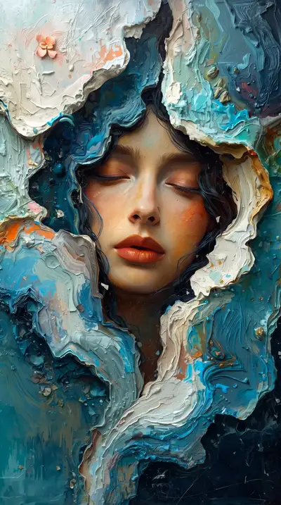 Serene Face Emerging From an Impasto Oil Paint Landscape