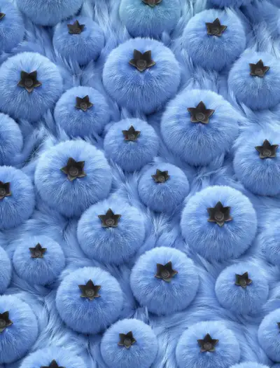 Macro shot of plush fuzzy blueberries in pastel blue fur texture