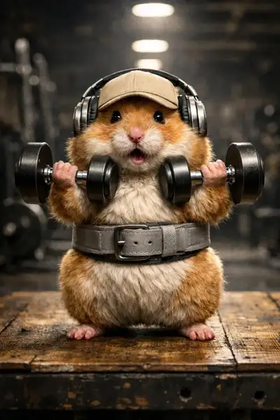 Adorable hamster lifting dumbbells in a gym, animated style