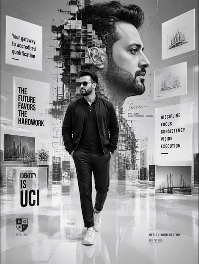 Futuristic Monochrome Motivational Artwork with Mosaic Portrait