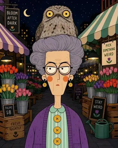 Quirky flat cartoon portrait with an animal perched as a hat