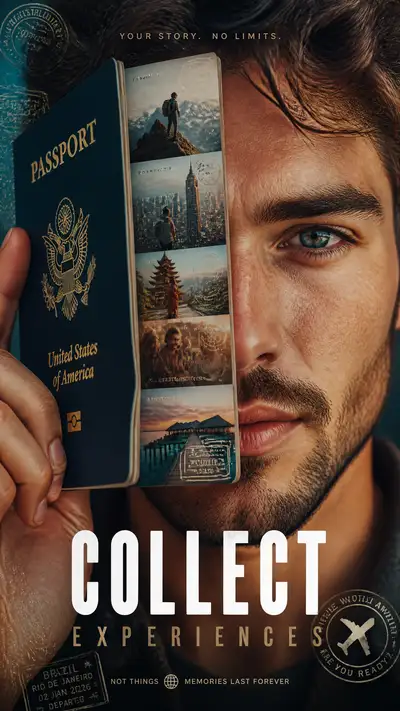 Collect experiences travel passport ad concept poster