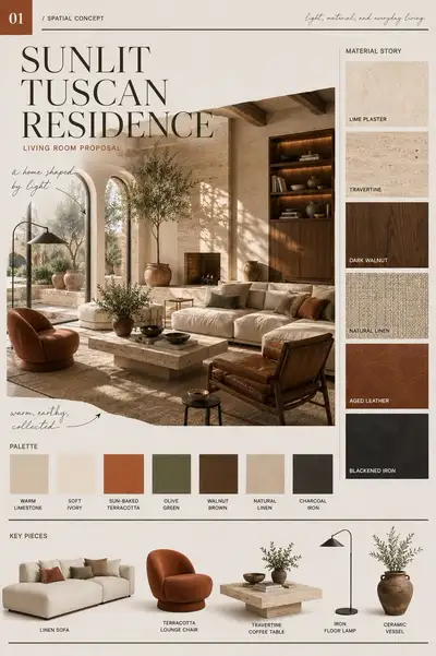 Tableros de propuesta de diseño interior de residencia toscana soleada