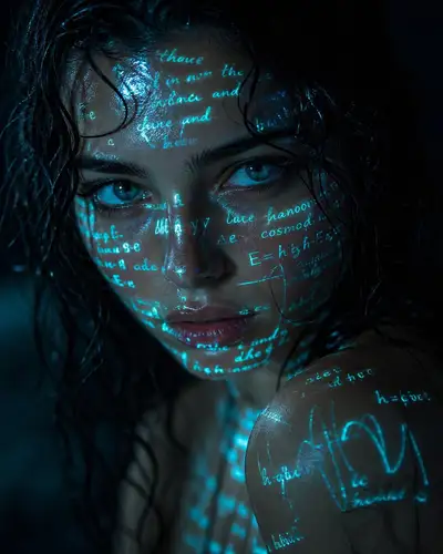 Cyberpunk Wet Portrait with Glowing Cyan Text