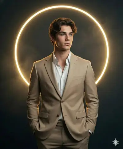 Cinematic portrait of a man in a tailored tan suit