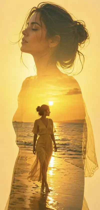 Ethereal Double-Exposure Sunset Beach Portrait