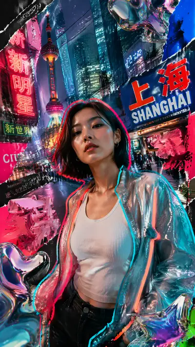 Mixed media collage portrait of stylish Shanghai bob woman