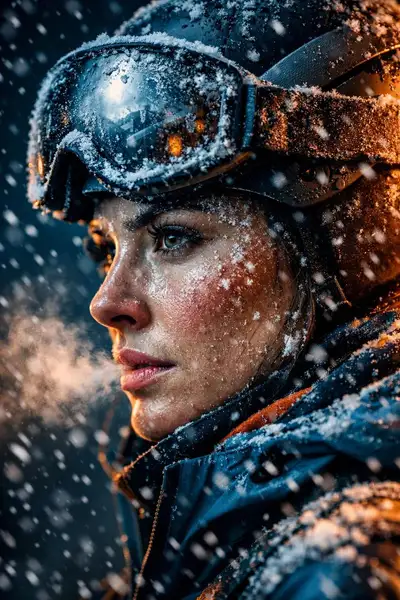 Portrait cinématographique d'un athlète d'hiver, [X], évoquant la force et la grâce. Le visage de l'athlète, marqué par le froid, est éclairé par une lumière dorée d'heure bleue, contrastant avec la neige immaculée. Des flocons de neige en gros plan, [X], ajoutent une profondeur de champ spectaculaire. L'arrière-plan, une piste de ski de fond en forêt de pins enneigés, est légèrement flou (bokeh). Style photographique éditorial de sport d'hiver, [X], avec un rendu argentique, granuleux et authentique. La palette de couleurs est froide, dominée par des tons bleus et blancs, rehaussée par la chaleur de la peau. Détails de l'équipement, [X], nets et précis. L'athlète est en pleine action, la respiration formant un nuage de vapeur, capturant l'essence de l'effort et de la beauté hivernale. --ar 16:9 - ISO 100, 85mm, f/2.8, 1/1000s, 4K, 24fps