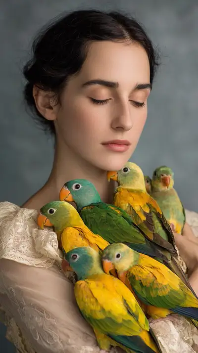 Portrait cinématique avec des perroquets