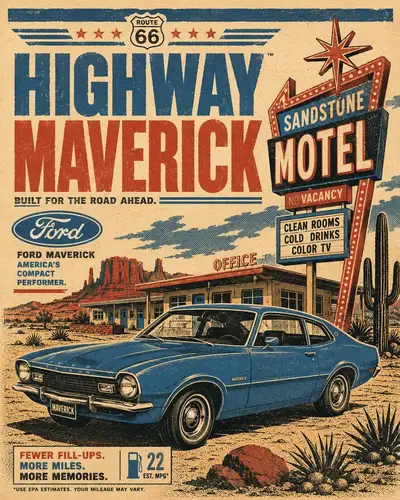 Pôster de viagem automotivo retrô estilo serigrafia dos anos 70