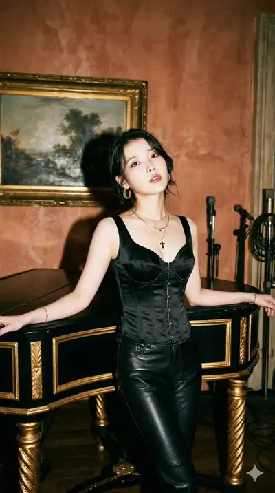 Ultra-Realistic Vintage Editorial Portrait of IU at Piano