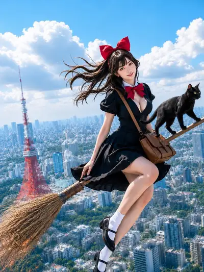 Ilustración de una bruja volando sobre el horizonte de Tokio