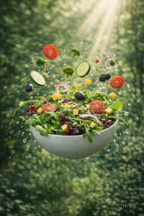 Hyper-Realistic Floating Salad Bowl Product Photography