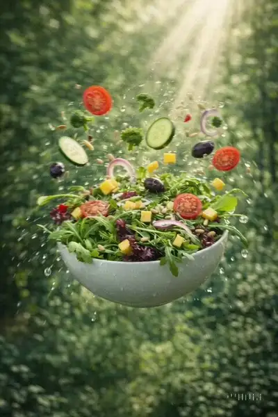 Hyperrealistische Produktfotografie: schwebende Salatschüssel