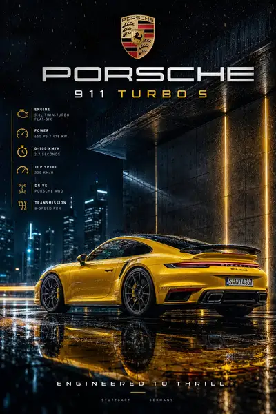 Porsche 911 Turbo S rain-soaked luxury ad poster