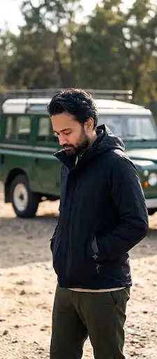 Contemplative outdoor lifestyle portrait of a rugged bearded man, Nano Banana