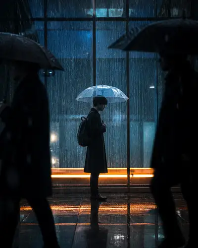 Retrato em rua chuvosa da cidade com silhuetas de guarda-chuva