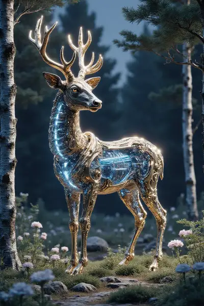 Cybernetic Deer in Enchanted Forest