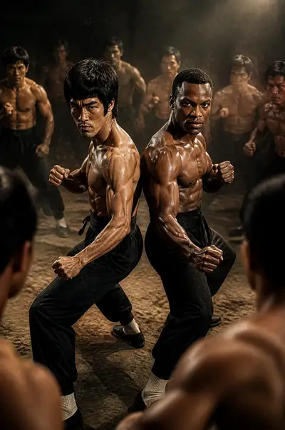 Bruce Lee Kung-Fu-Aktionsszene, Krieger Rücken an Rücken