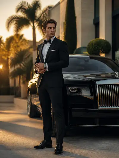 Golden-hour portrait of a man in a tuxedo beside a Rolls Royce