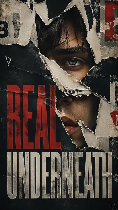 Face revealed through torn street poster typography