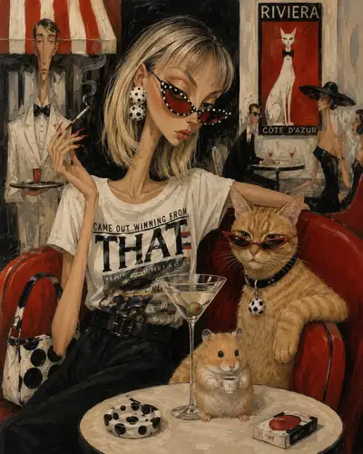 Chic Fashionista and Cat in French Riviera Café