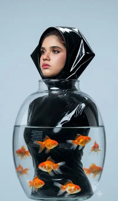 Surreales Mode-Editorial mit Glasgefäß