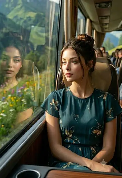 Portrait de voyage paisible à travers la fenêtre du bus sur des montagnes vertes