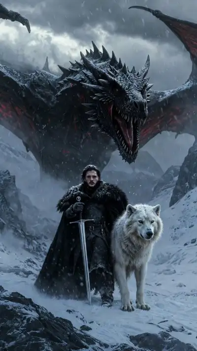 Fantasy-Epos-Kameraorbit um einen Mann, einen Wolf und einen Drachen im Schneesturm