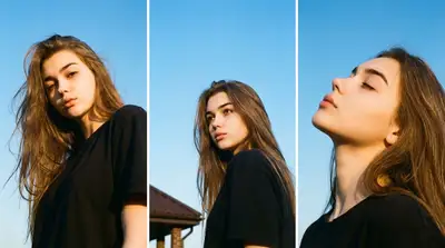 Vertical triptych portrait against clear blue sky
