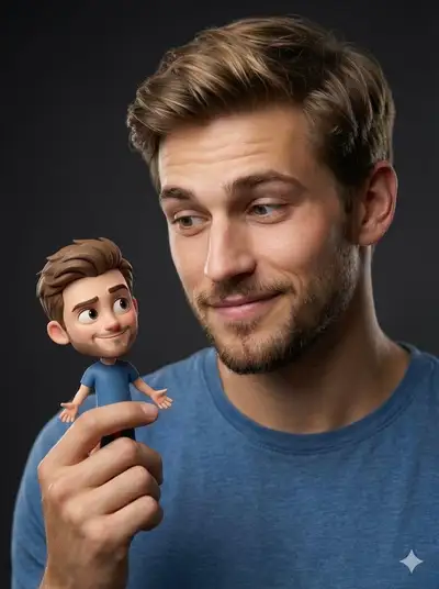 Man smiling at a tiny Pixar-style version of himself