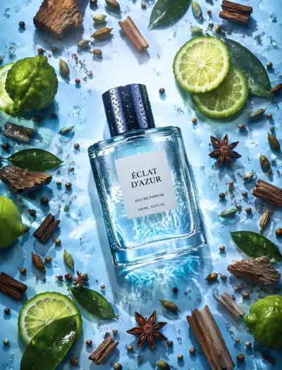 High key editorial perfume poster with ice blue center glow