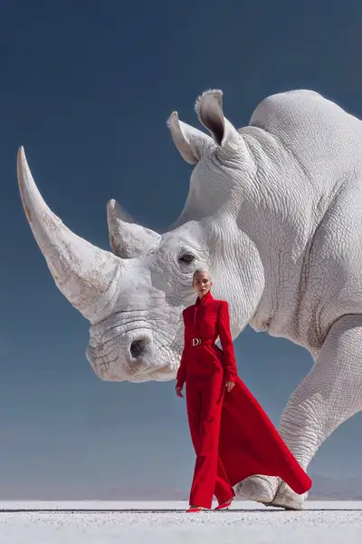 Hyper-realistic woman with giant rhino portrait